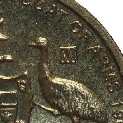 Melbourne (M) mint-mark on a 2008-C (Coat of Arms) one dollar piece.