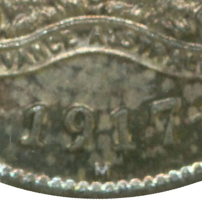 Melbourne 'M' mint-mark on the reverse of a 1917-M Sixpence.