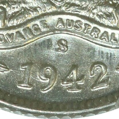 San Francisco 'S' mint-mark on a 1942-S Sixpence.