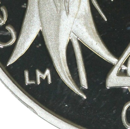 The initials of Lisa Murphy (LM) on the Obverse of the 2001 (South Australia) Proof Twenty Cent.