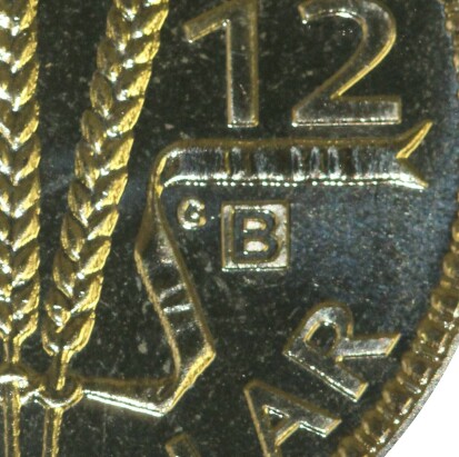 Brisbane (B) mint-mark on 2012 (Wheat Stalks) one dollar piece.