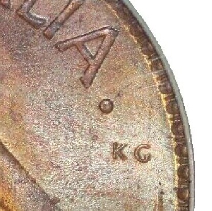 The dot mint-mark on the reverse of a 1953-A Penny.