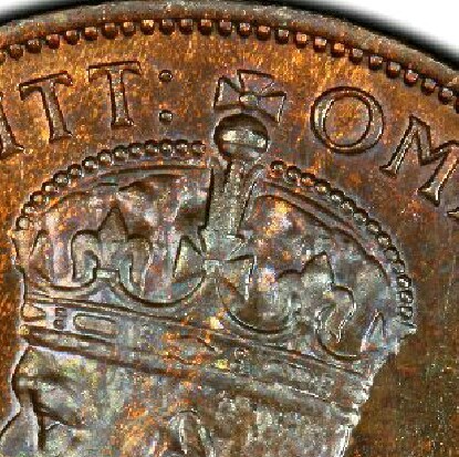 Top of the crown of a 1934 proof penny