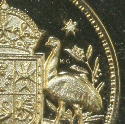 Initials (K.G) of designer Kruger Gray on the obverse of the 2016 (50 Years of Decimal Currency) Proof One Dollar coin.