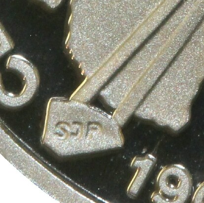 Initials of designer Stacy Paine (SJP) on the 2001 Proof (ACT) Twenty Cent coin.