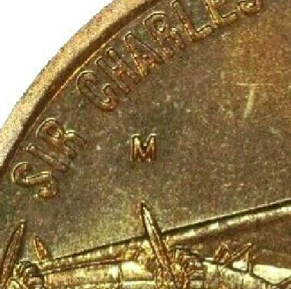 Melbourne 'M' mint-mark on a 1997-M (Kingsford Smith) One Dollar piece.