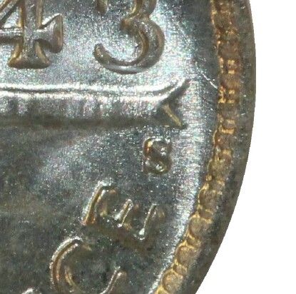 San Francisco 'S' mint-mark on a 1943-S Threepence.
