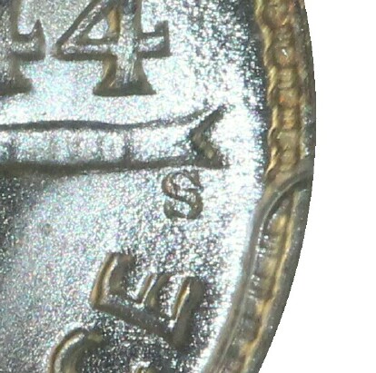 San Francisco 'S' mint-mark on a 1944-S Threepence.