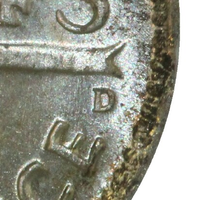 Denver 'D' mint-mark on a 1943-D Threepence.