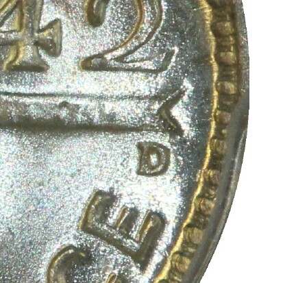 Denver 'D' mint-mark on the reverse of a 1942-D Threepence.