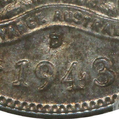 Denver 'D' mint-mark on the reverse of the 1943-D Sixpence.