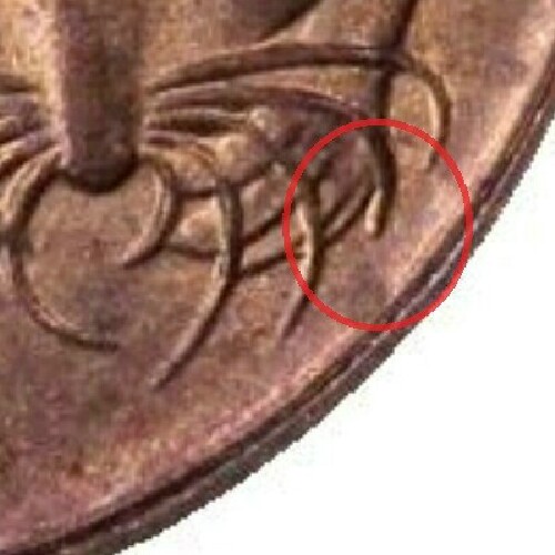 Second from the left most whisker is blunted indicates the coin was minted in Perth.