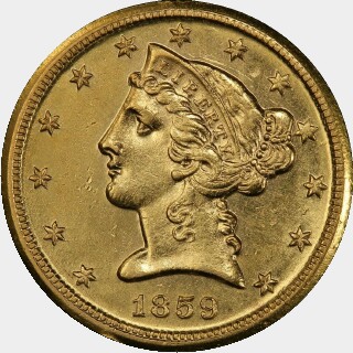 1859-D  Five Dollar obverse