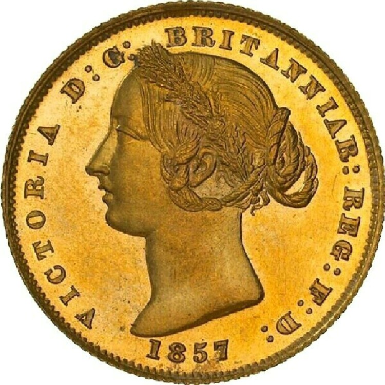 Type II Obverse (1855-70): Queen Victoria's portrait wears a wreath and her hair is in a knotted braid.