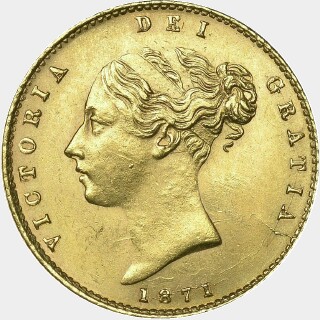 1871 Repositioned Legend with Die Number Half Sovereign obverse